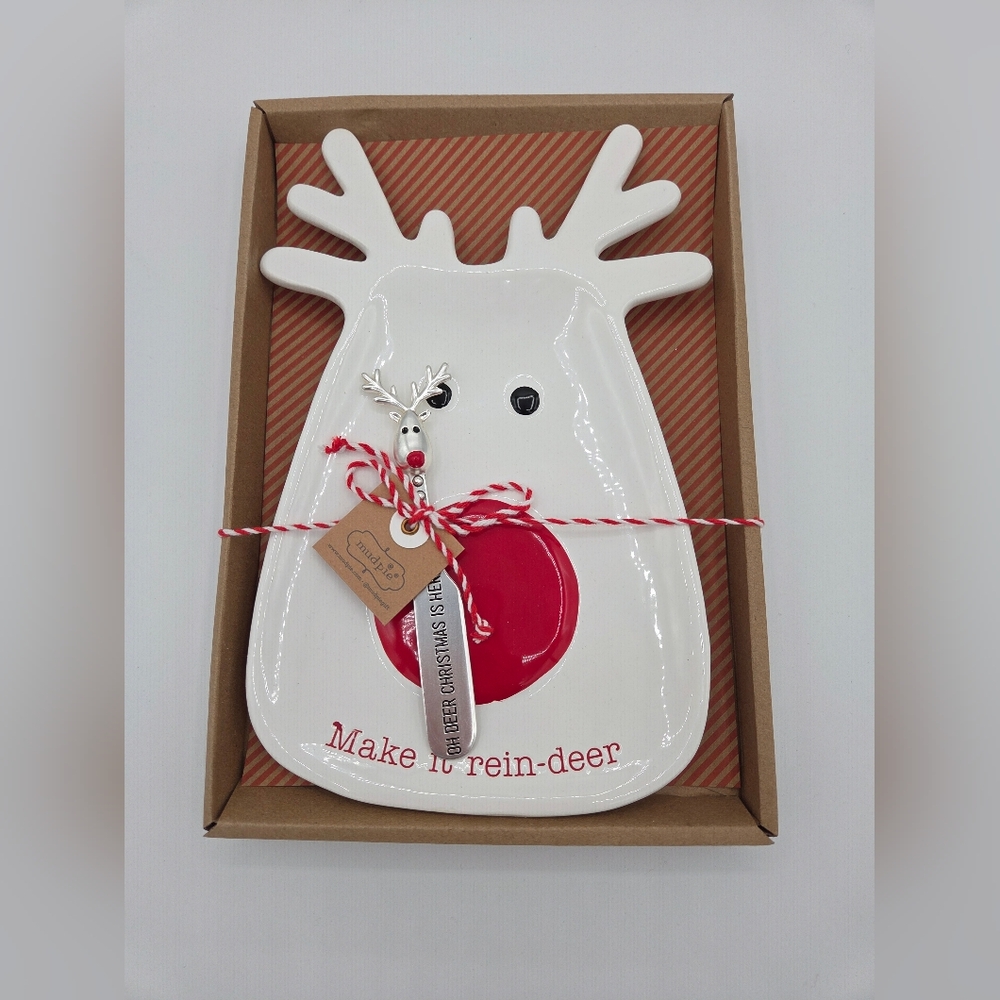 NEW 🦌 Mud Pie White & Red Rudolph Reindeer Plate with Spreader Cheese Plate